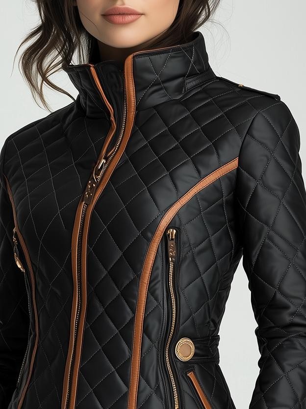 Detailansicht der Steppjacke mit Lederbiese und asymmetrischem Reißverschluss