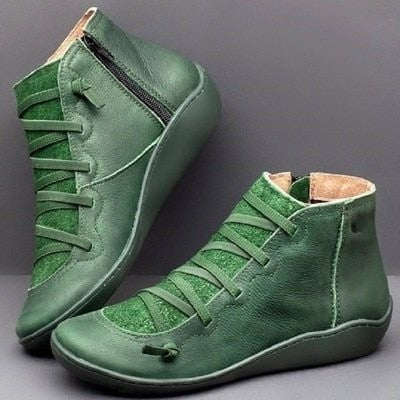 Grüne Leder-Stiefelette mit Schnürung und Reißverschluss, flache Sohle