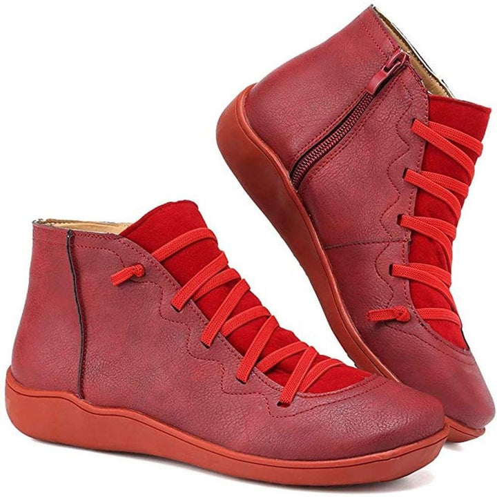Rote Ankle Boots mit gekreuzter Schnürung und flacher Sohle