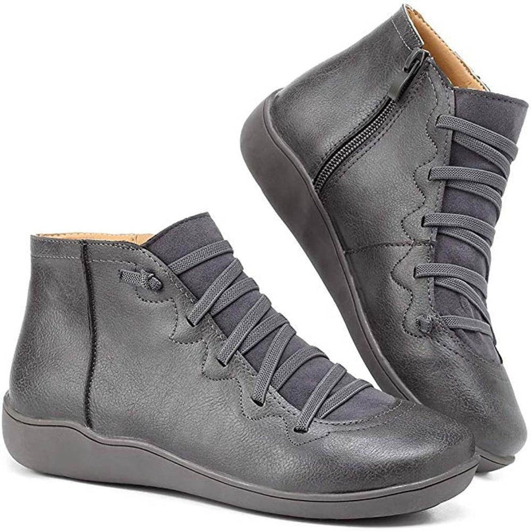 Graue Ankle Boots aus Leder mit Kreuzschnürung