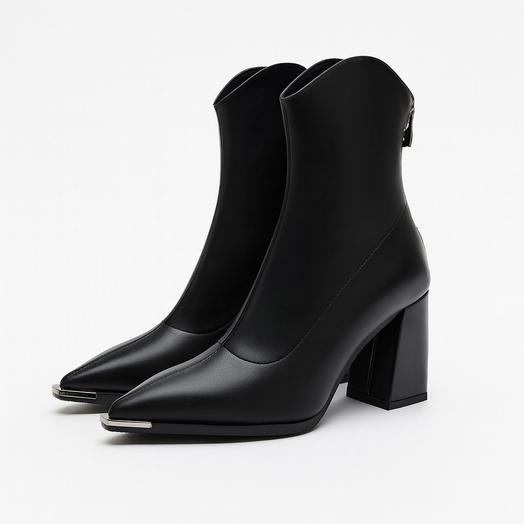 Schwarze Stiefeletten mit spitzer Kappe, Blockabsatz und Reißverschluss hinten