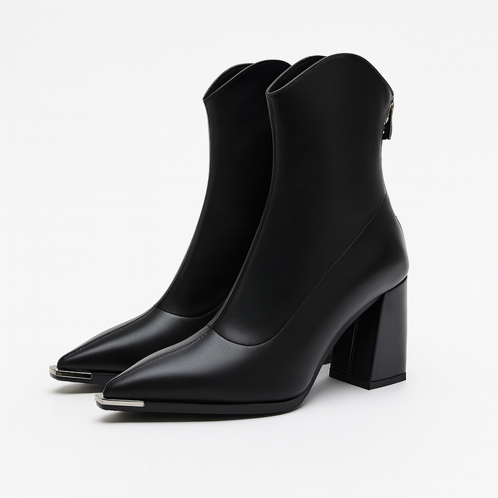 Schwarze Stiefeletten mit spitzer Kappe, Blockabsatz und Reißverschluss hinten