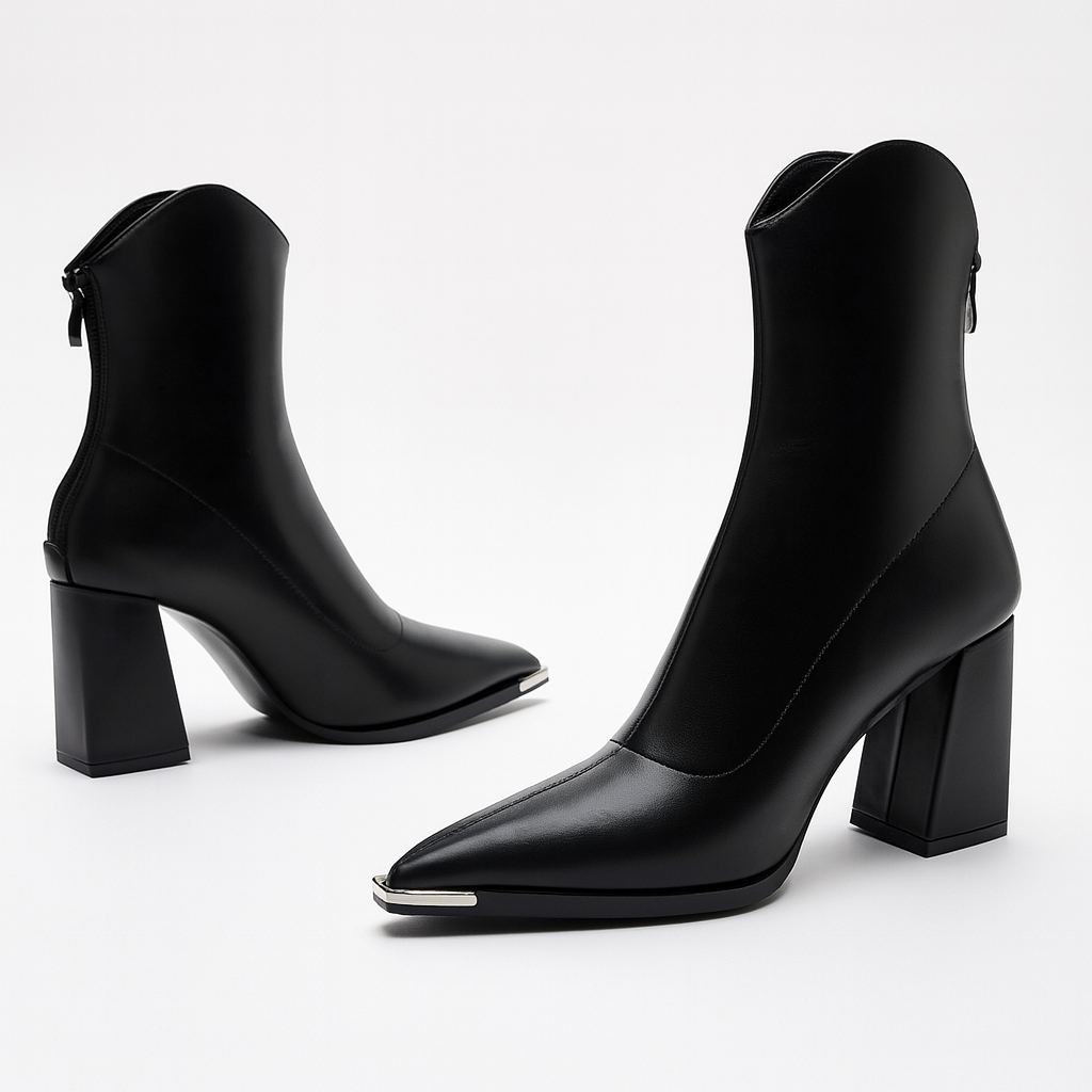 Schwarze Lederstiefeletten mit spitzer Metallkappe und hohem Blockabsatz seitlich
