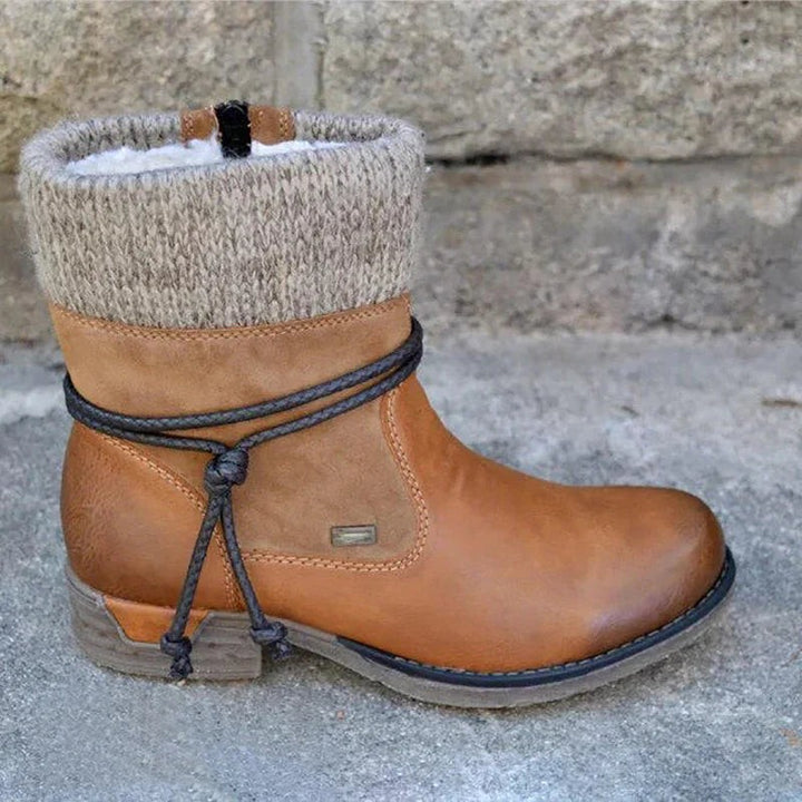 Braune Winterstiefelette aus Leder mit Strickschaft und geflochtenem Riemen