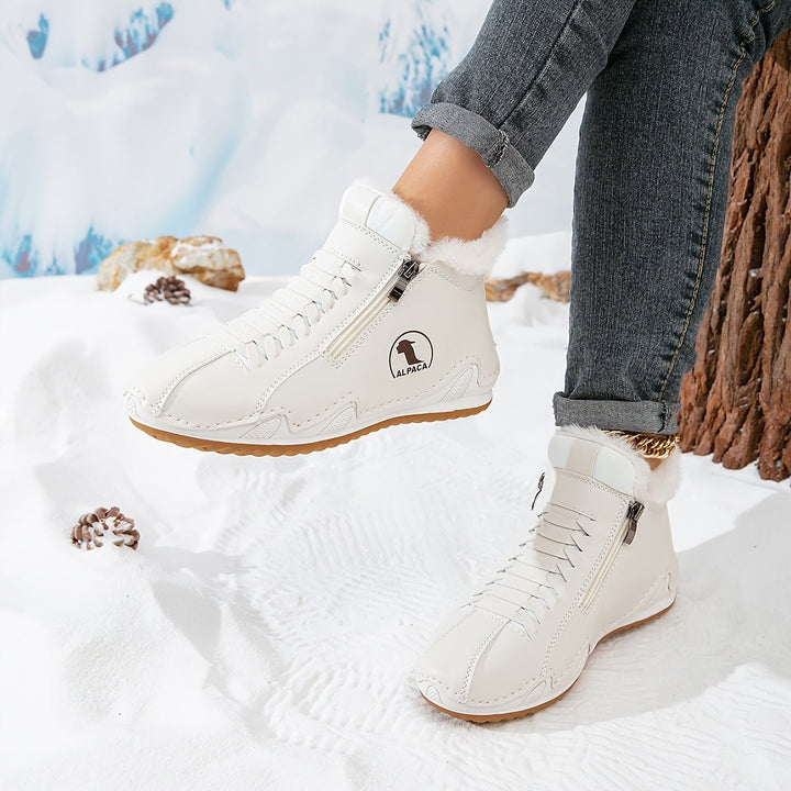 Cremeweiße Winterstiefeletten aus Kunstleder mit Schnürung und Reißverschluss