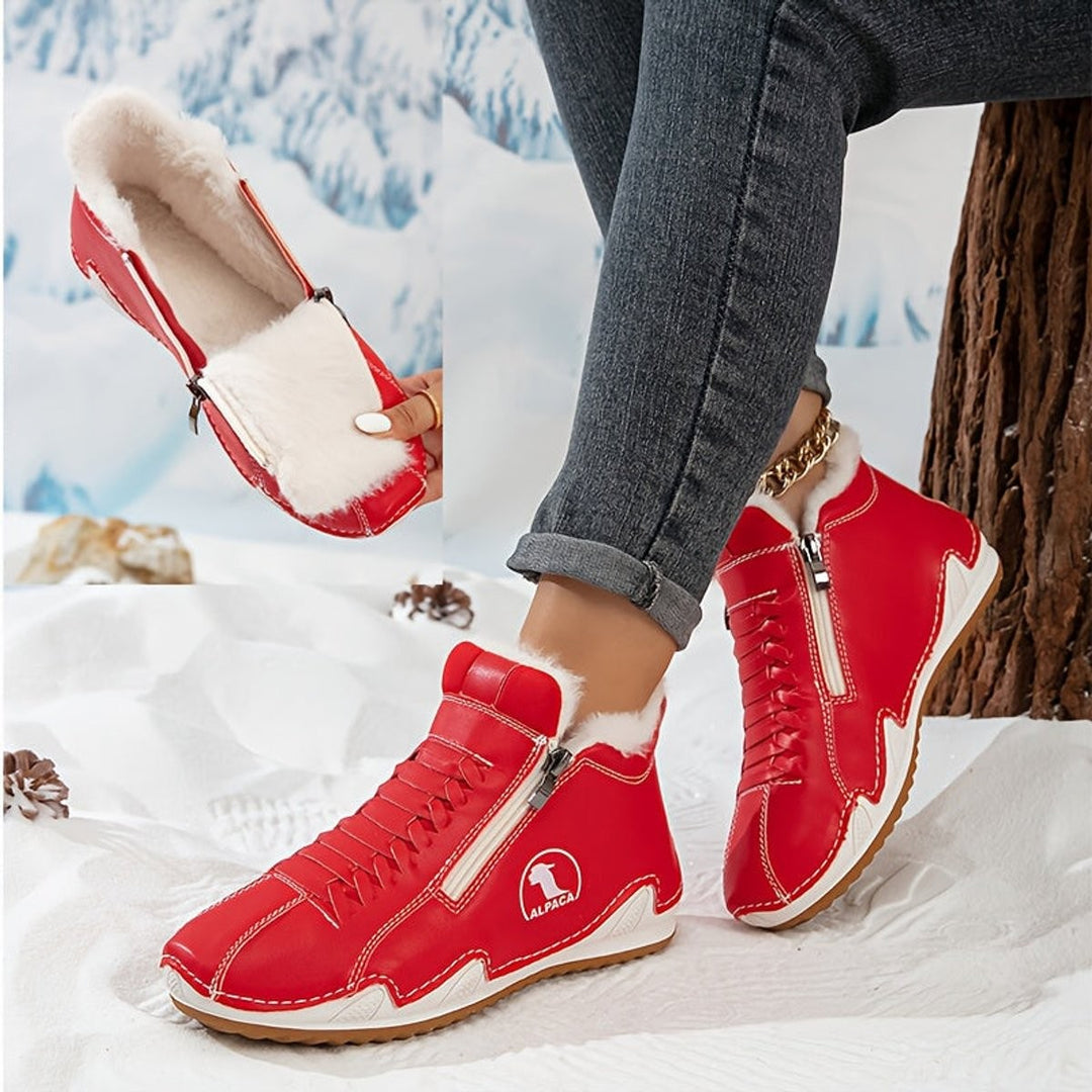 Rote gefütterte Winterstiefeletten mit Kunstfell-Innenfutter und Zipper-Detail
