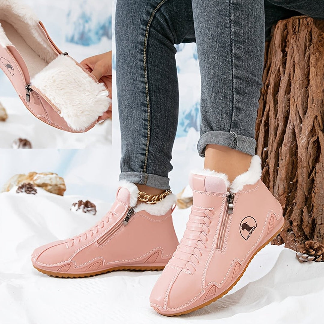 Rosa Ankle Boots mit Schnürung und weichem Fellrand für den Winter