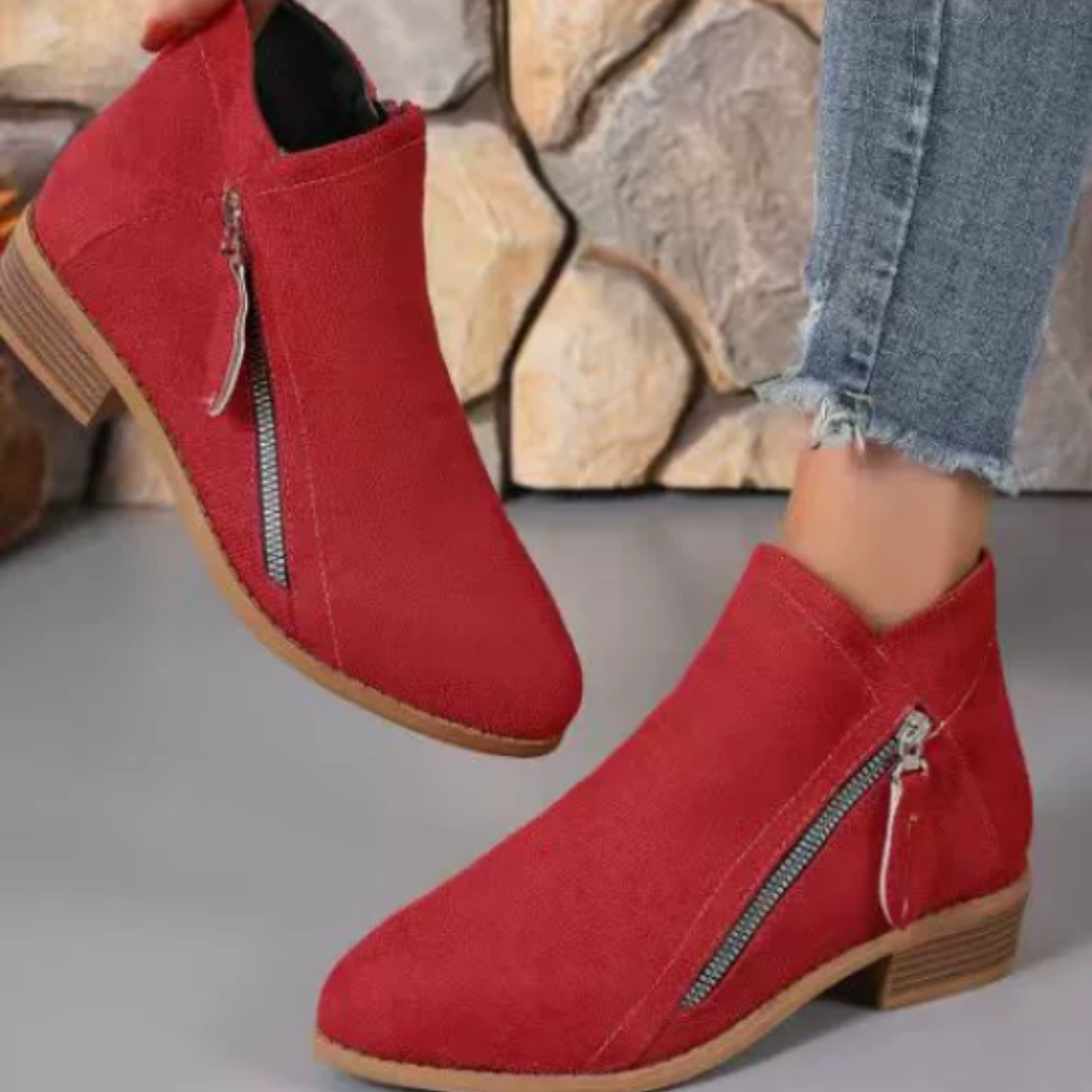 Rote Stiefeletten aus Veloursleder mit Reißverschluss und Blockabsatz