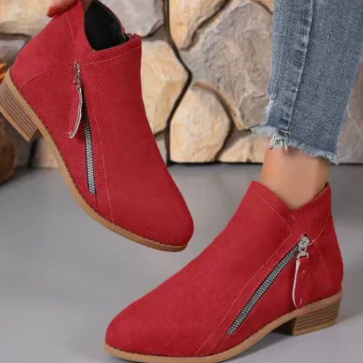 Rote Stiefeletten aus Veloursleder mit Reißverschluss und Blockabsatz