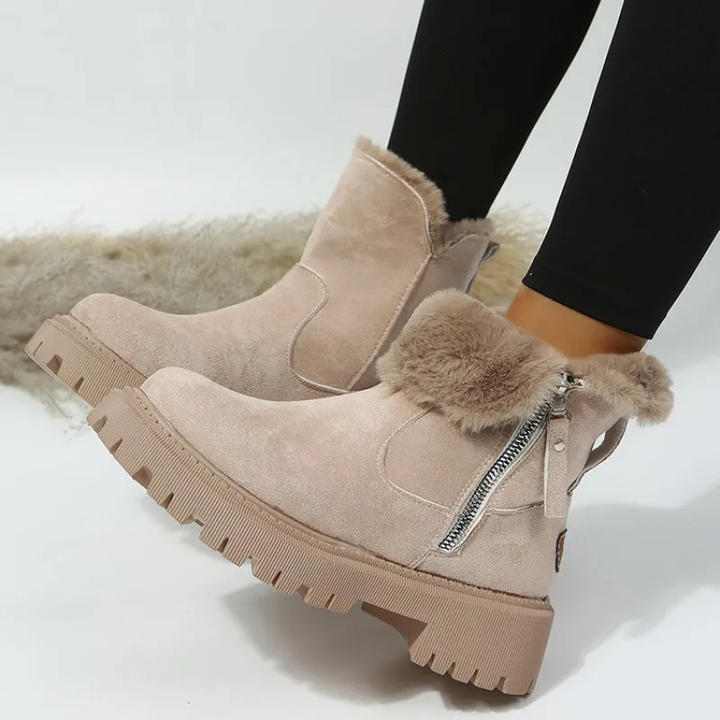 Beige Ankle Boots mit Kunstfell-Manschette und robuster Sohle