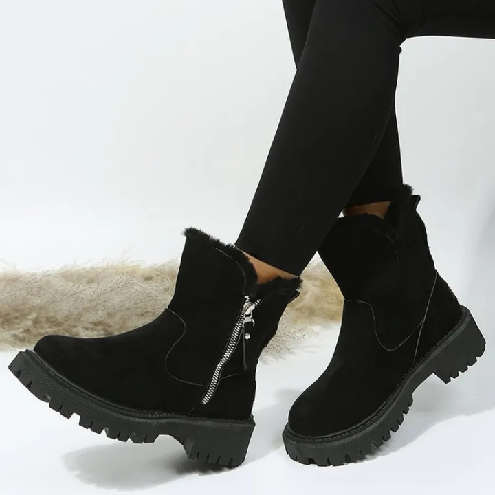 Schwarze Winterboots mit Fellrand und silbernem Reißverschluss