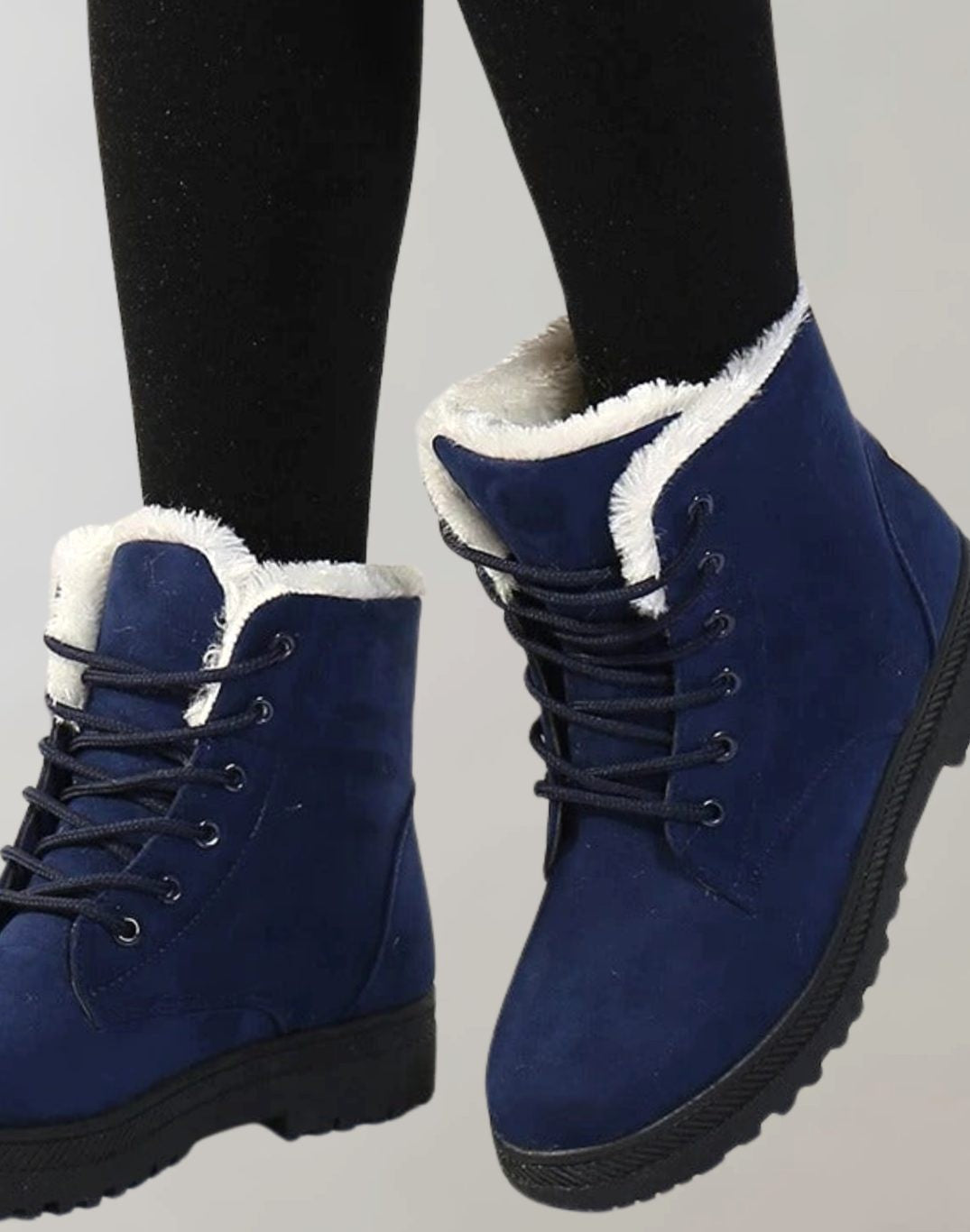 Dunkelblaue gefütterte Schnür-Winterboots mit hellem Fellkragen