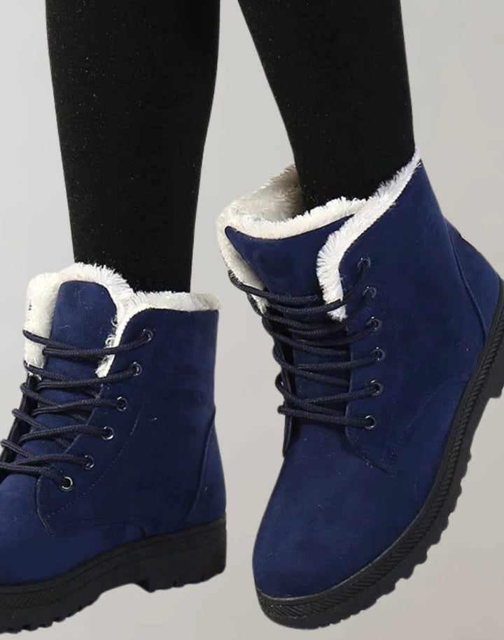 Dunkelblaue gefütterte Schnür-Winterboots mit hellem Fellkragen