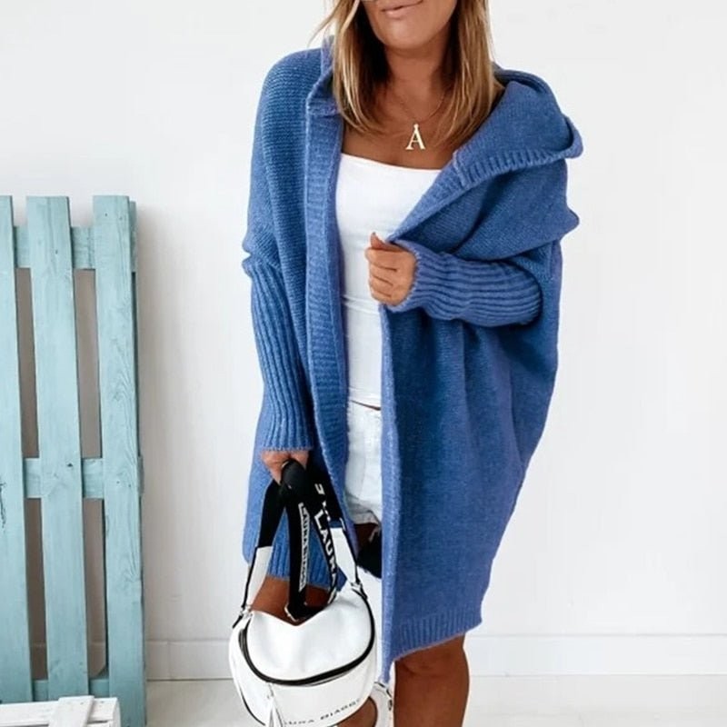 Blauer Strickcardigan mit Kapuze und Rippstrick-Ärmeln
