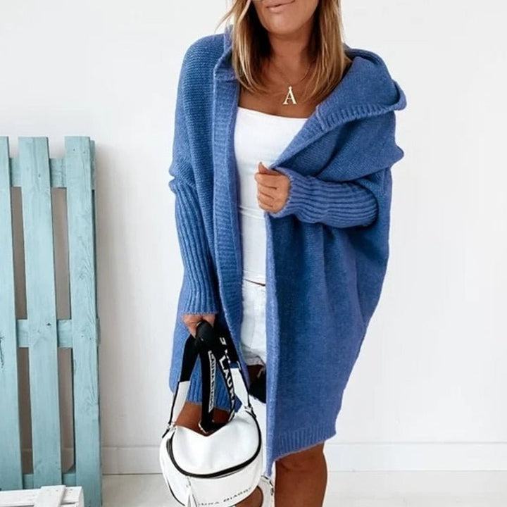 Blauer Strickcardigan mit Kapuze und Rippstrick-Ärmeln