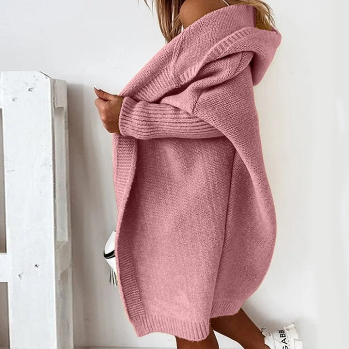Rosafarbener Oversize Cardigan mit Kapuze, schulterfrei drapiert