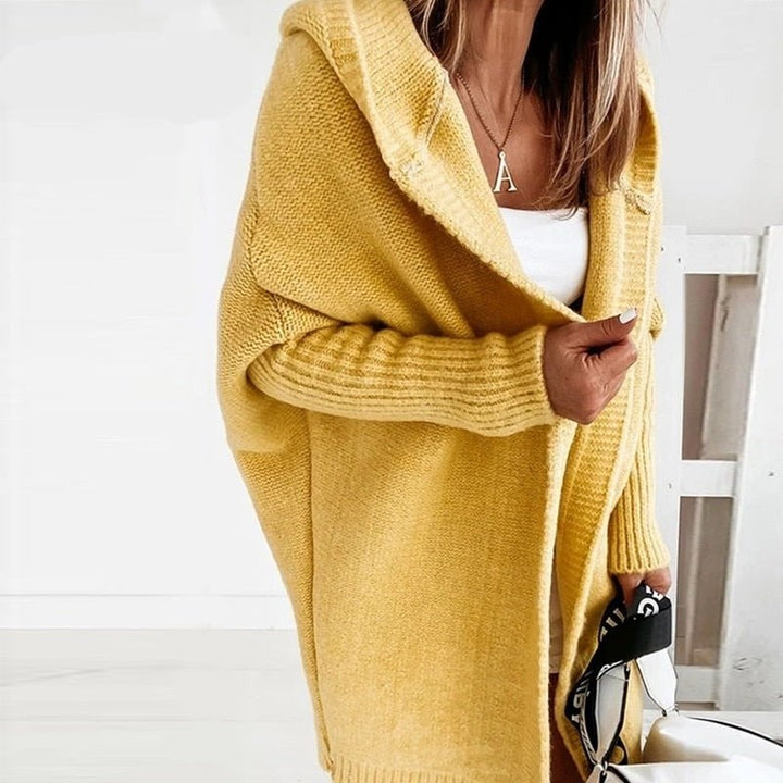 Senfgelber Strickcardigan mit Kapuze, lockerer Schnitt