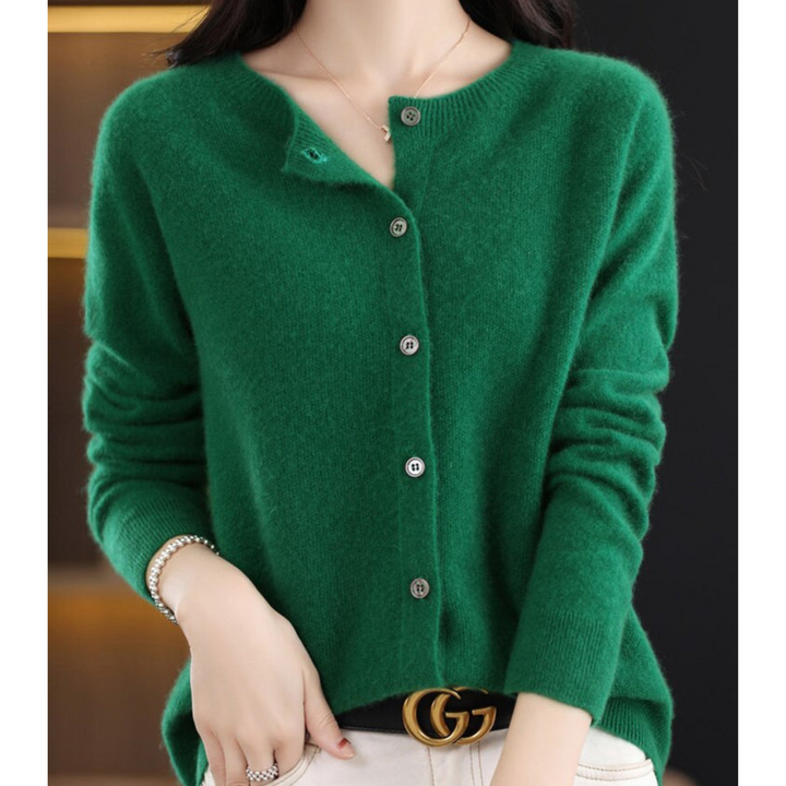 Cardigan in Waldgrün mit Rundhalsausschnitt, klassisch geknöpft