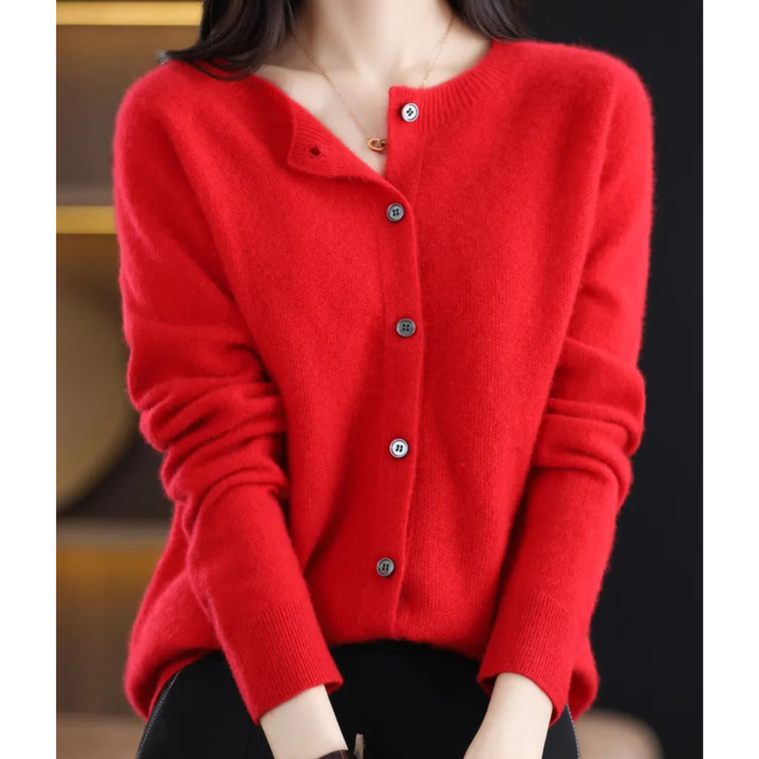 Cardigan in kräftigem Rot mit Rundhalsausschnitt und Knopfleiste