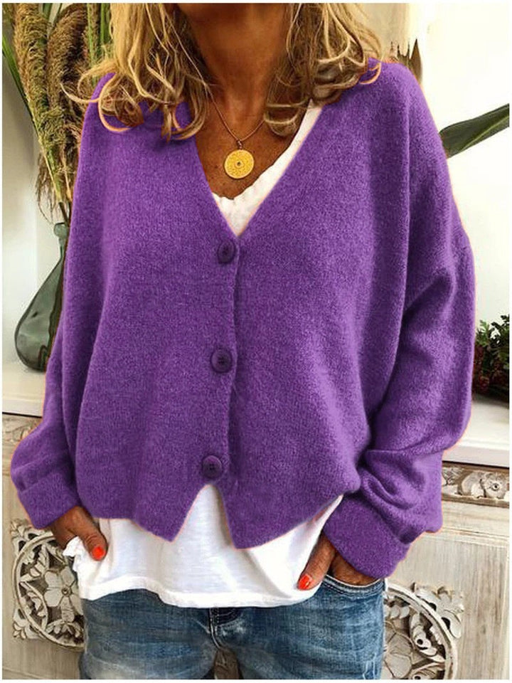 Violette Strickjacke im französischen Stil mit V-Ausschnitt und Knopfleiste