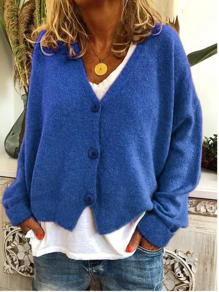 Blaue Strickjacke mit V-Ausschnitt und Knopfverschluss, lockere Passform