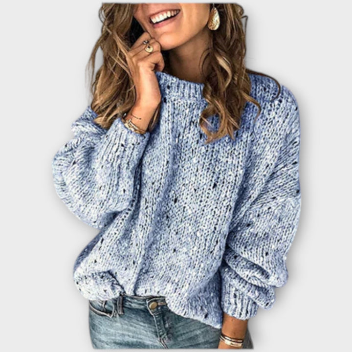 Meliert blauer Grobstrickpullover mit Lochstrickmuster und Ballonärmeln