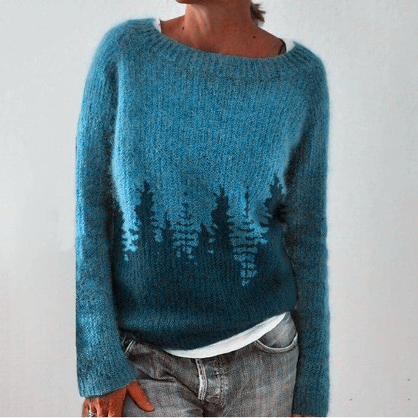 Petrolblauer Strickpullover mit Tannenwald-Motiv und Rundhalsausschnitt