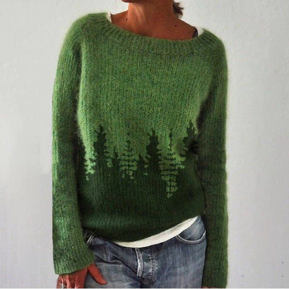 Grüner Strickpullover mit Tannenwald-Motiv und lässigem Rundhalsausschnitt