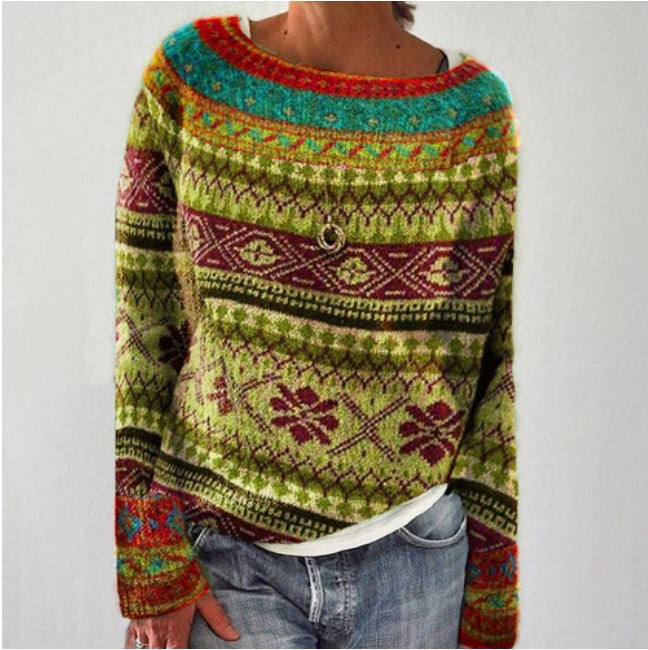 Bunter Strickpullover mit Fair-Isle-Muster in Grün, Rot und Türkis