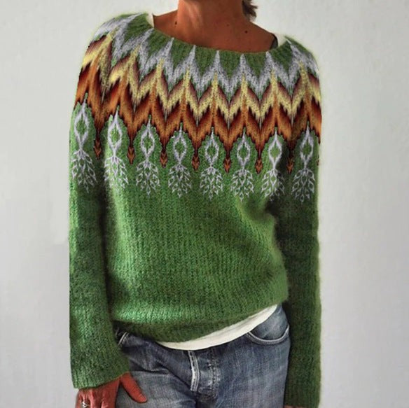 Grüner Strickpullover mit Zickzackmuster in Gelb, Braun und Grau