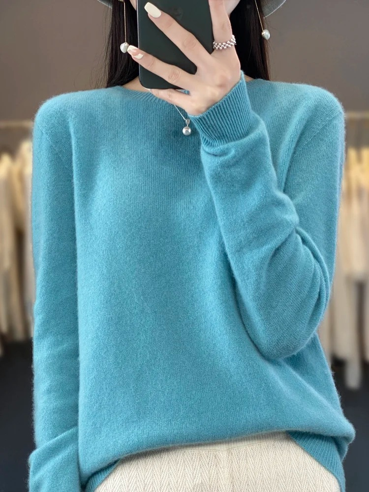Strickpullover in Petrolblau mit rundem Ausschnitt und langen Ärmeln