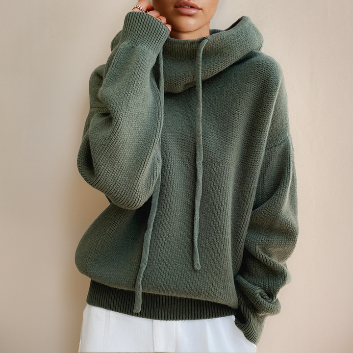 Oversized Strickhoodie in Olivgrün mit Schalkragen und Kordelzug
