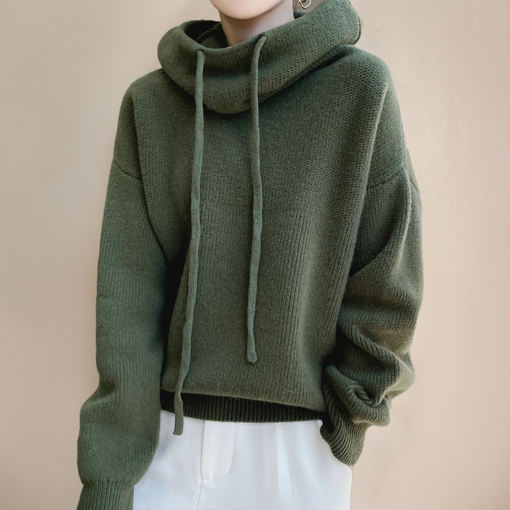 Olivgrüner Strick-Hoodie mit Schalkragen im lockeren Schnitt