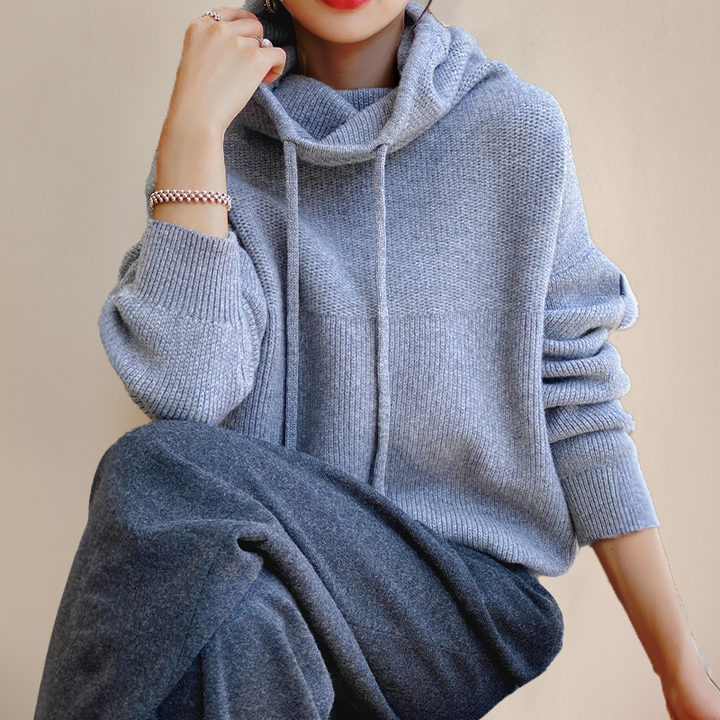 Grauer Oversized-Hoodie aus Strick mit Schalkragen und Bindeband