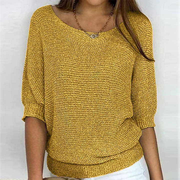 Senfgelber Strickpullover mit weitem Ausschnitt und lockerer Passform