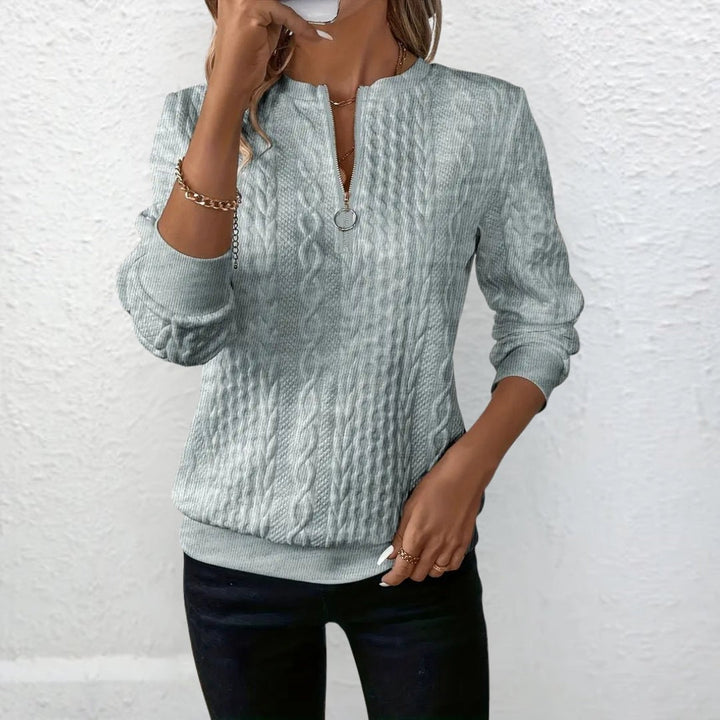 Grau melierter Strukturpullover mit V-Zip-Ausschnitt, Nahaufnahme