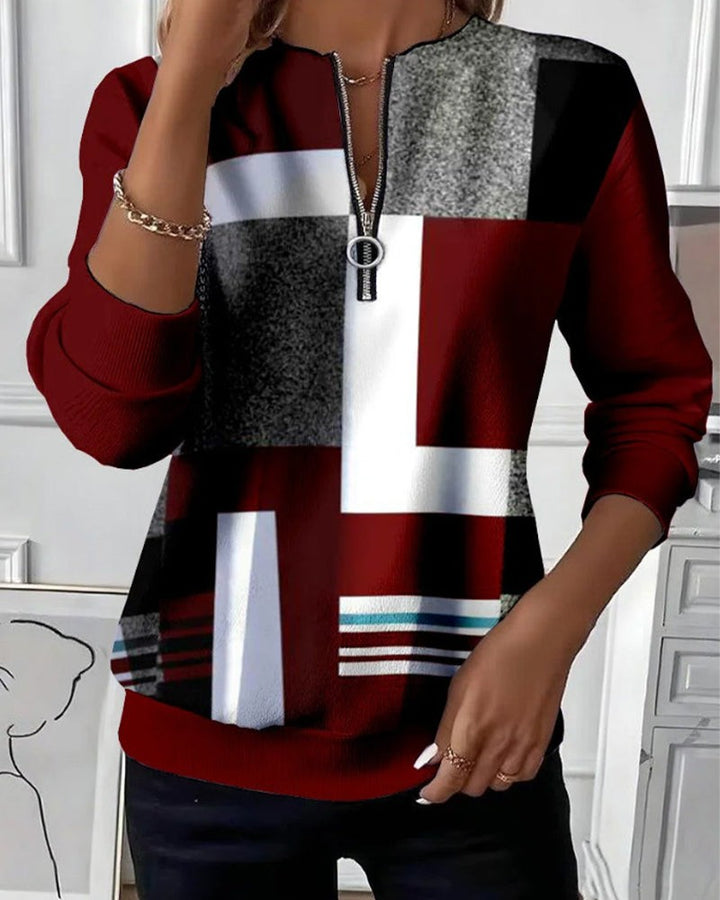 Langarm-Pullover mit geometrischem Colorblock-Muster in Rot und Grau