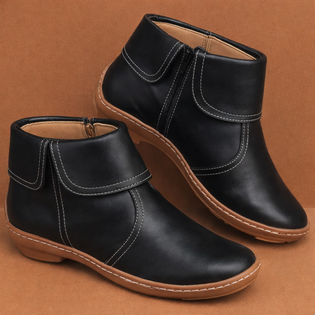 Schwarze Ankle Boots aus Leder mit Umschlagmanschette und Reißverschluss