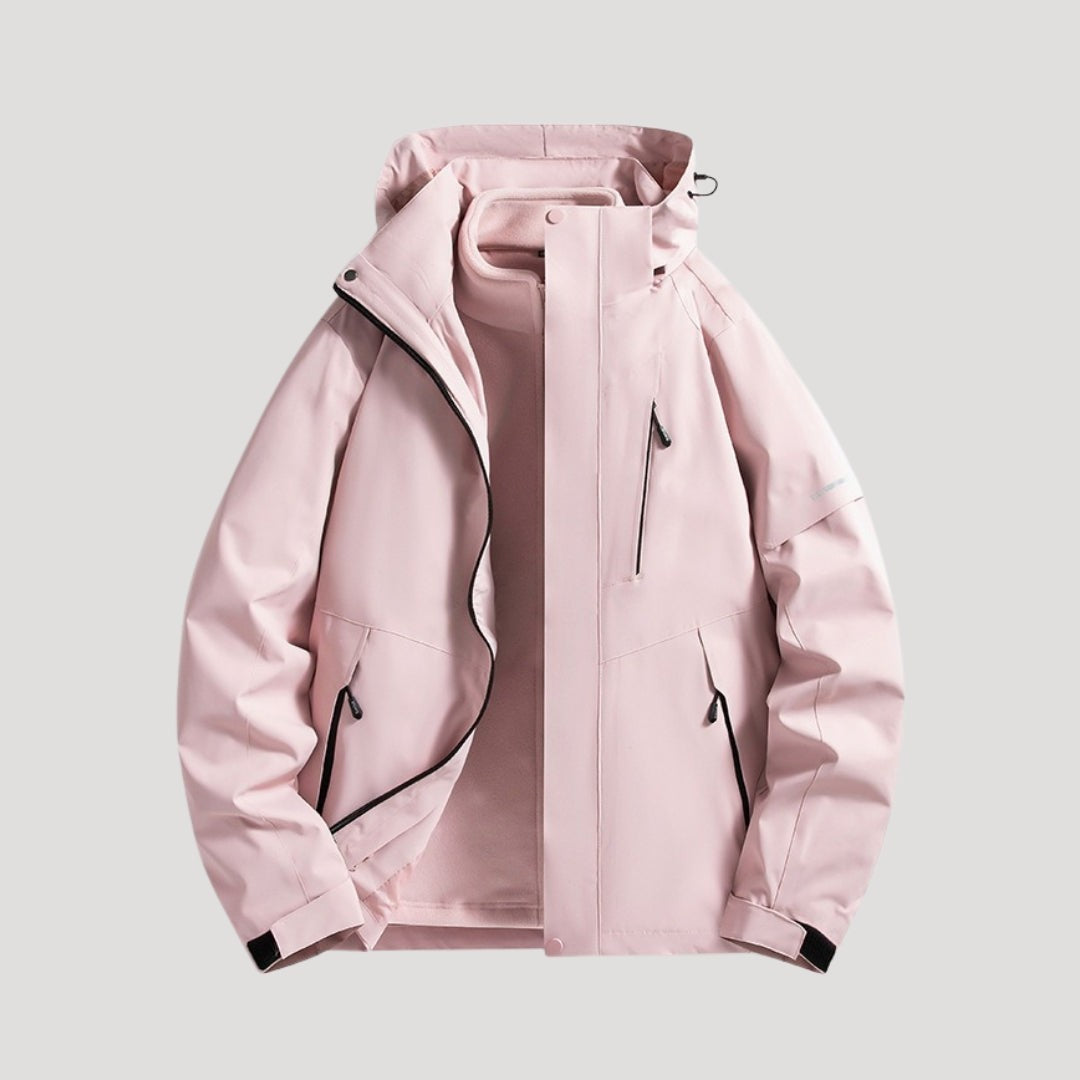 Rosafarbene Outdoor-Jacke mit Kapuze und herausnehmbarem Fleece-Innenfutter