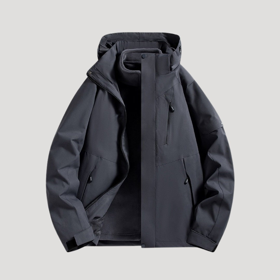 Anthrazitfarbene Windbreaker-Jacke mit Kapuze und abnehmbarer Fleeceweste