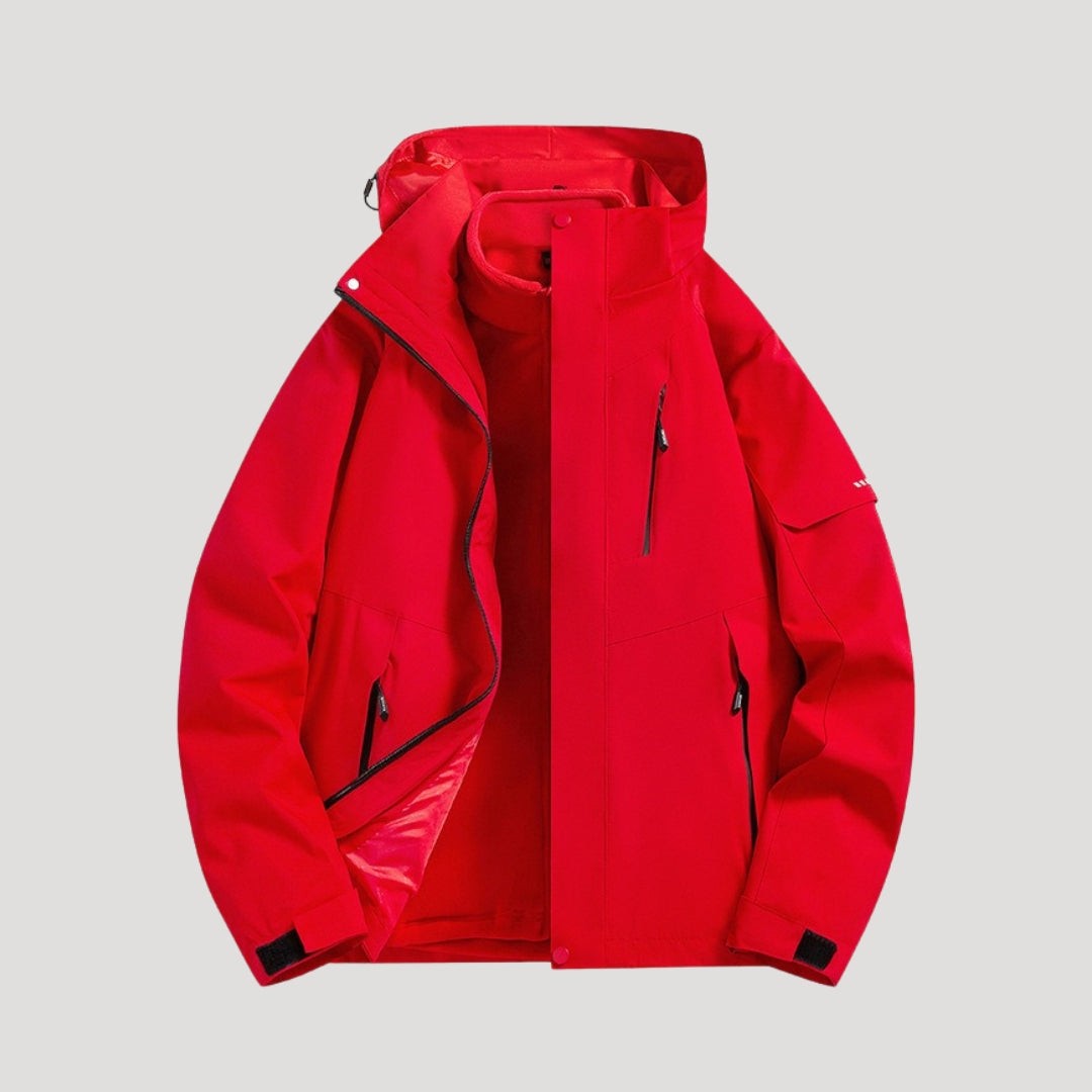 Rote Outdoorjacke mit Kapuze und herausnehmbarem Fleece-Innenfutter