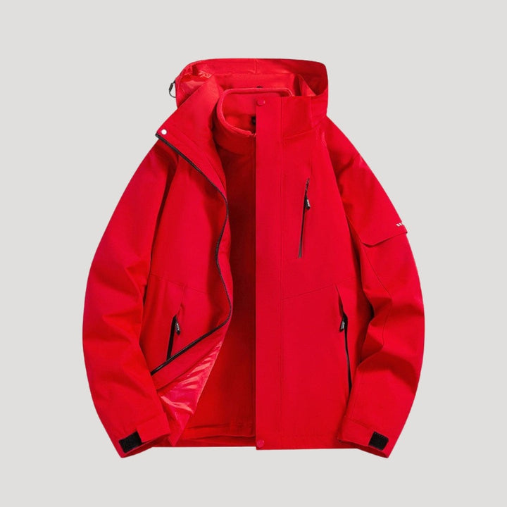 Rote Outdoorjacke mit Kapuze und herausnehmbarem Fleece-Innenfutter