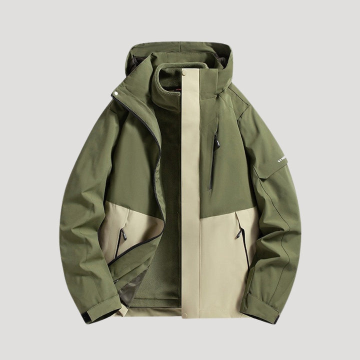 Olivgrün-beige Windbreaker-Jacke mit Kapuze und Fleece-Innenteil