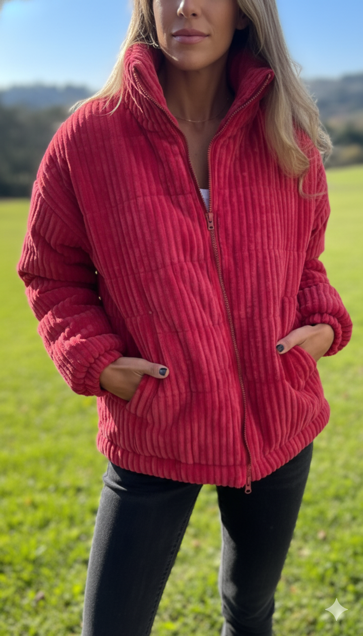 Rote Cordjacke mit Stehkragen, geripptes Material in leuchtender Farbe