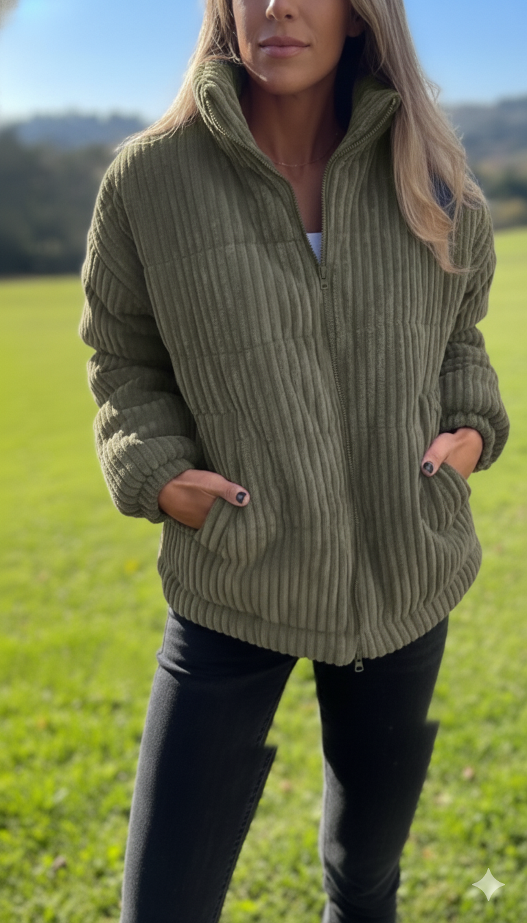 Olivgrüne Cordjacke mit Stehkragen, gerippte Struktur in Outdoor-Umgebung