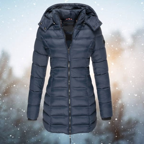 Dunkelblaue Daunenjacke mit Kapuze und taillierter Steppoptik