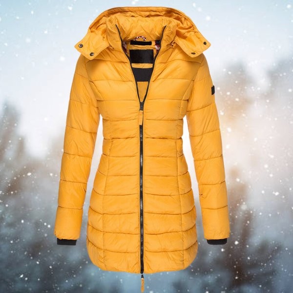 Senfgelbe Steppjacke mit Kapuze und kontrastierendem Reißverschluss