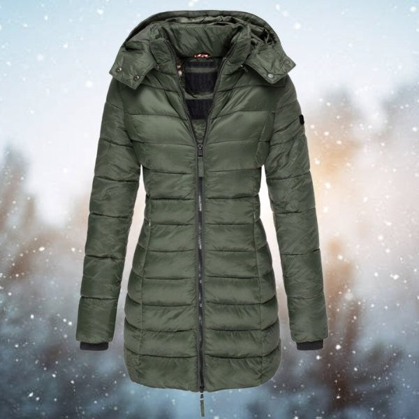 Olivgrüne Daunenjacke mit Kapuze und schmaler Taillenform