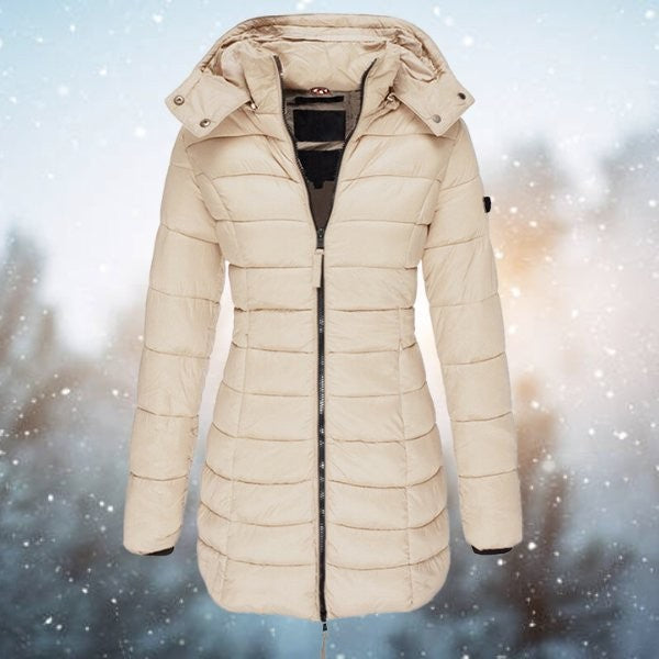 Beige Steppjacke mit Kapuze und elastischen Ärmelbündchen