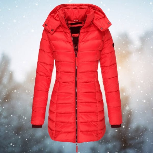Rote Daunenjacke mit Kapuze und figurbetonter Passform